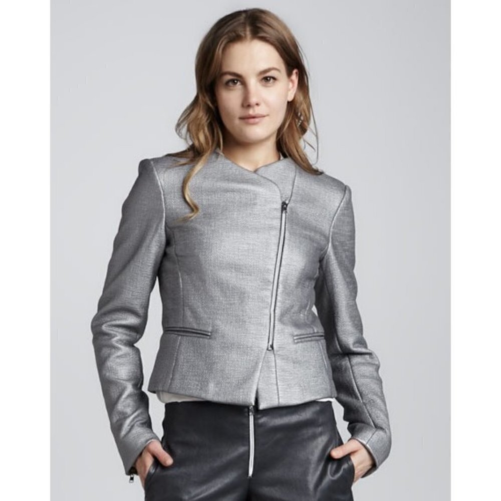 💕L'AGENCE💕 Laminated Zip Front Metallic Silver Asymmetrical Moto Jacket